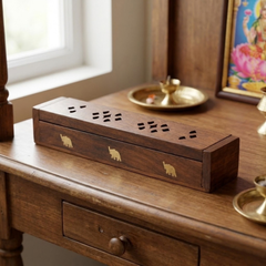 Wooden Agarbatti Stand Box with Brass Elephant Inlay & Ash Catcher