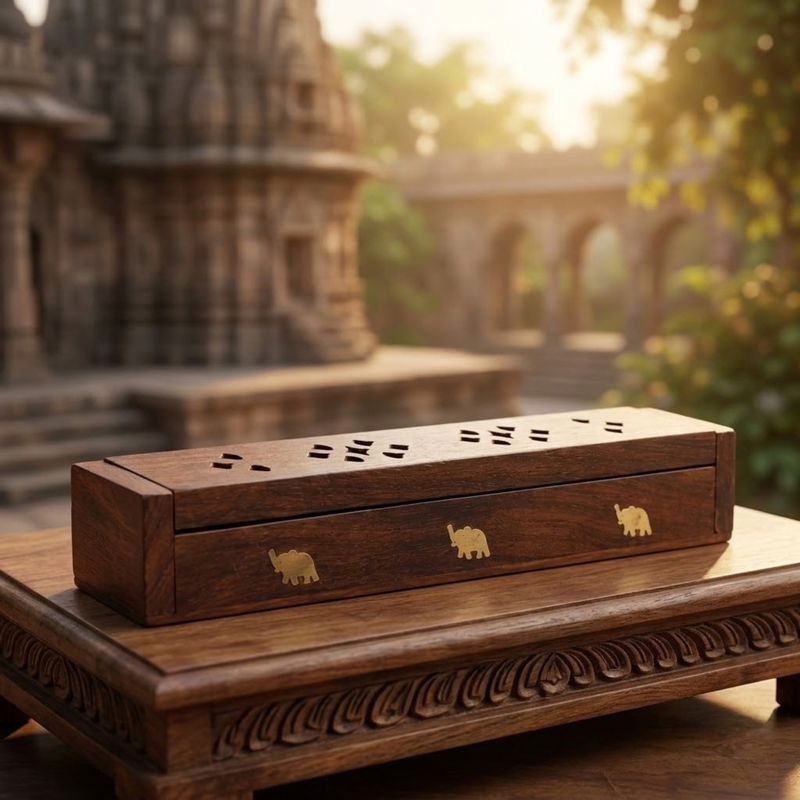 Wooden Agarbatti Stand Box with Brass Elephant Inlay & Ash Catcher