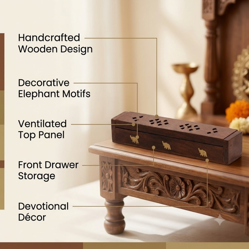 Wooden Agarbatti Stand Box with Brass Elephant Inlay & Ash Catcher