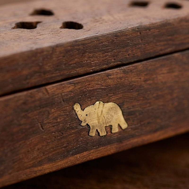 Wooden Agarbatti Stand Box with Brass Elephant Inlay & Ash Catcher