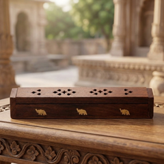 Wooden Agarbatti Stand Box with Brass Elephant Inlay & Ash Catcher