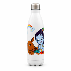UV Printed Stainless Steel Bottle 1000ml - Krishna Cow (White)