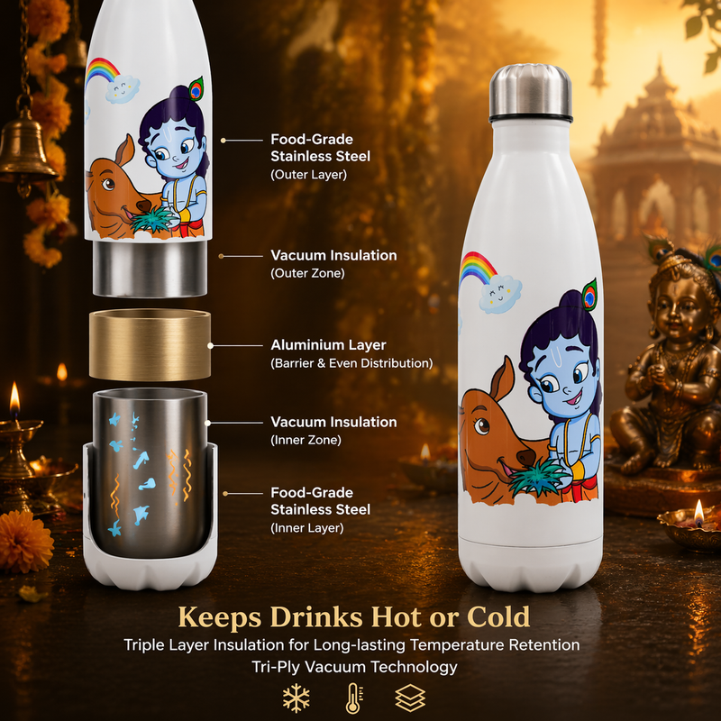 UV Printed Stainless Steel Bottle 1000ml - Krishna Cow (White)