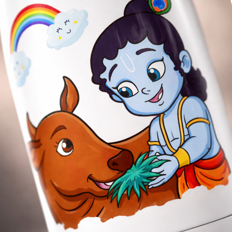 UV Printed Stainless Steel Bottle 1000ml - Krishna Cow (White)