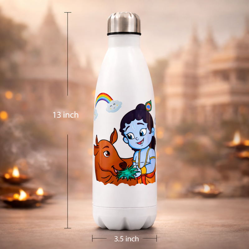 UV Printed Stainless Steel Bottle 1000ml - Krishna Cow (White)