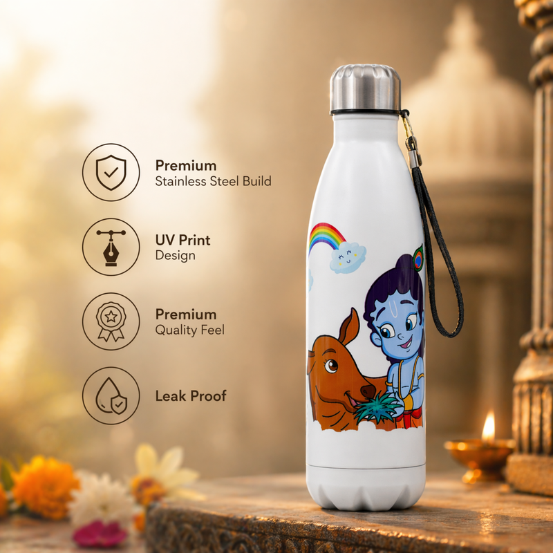 UV Printed Stainless Steel Bottle 1000ml - Krishna Cow (White)