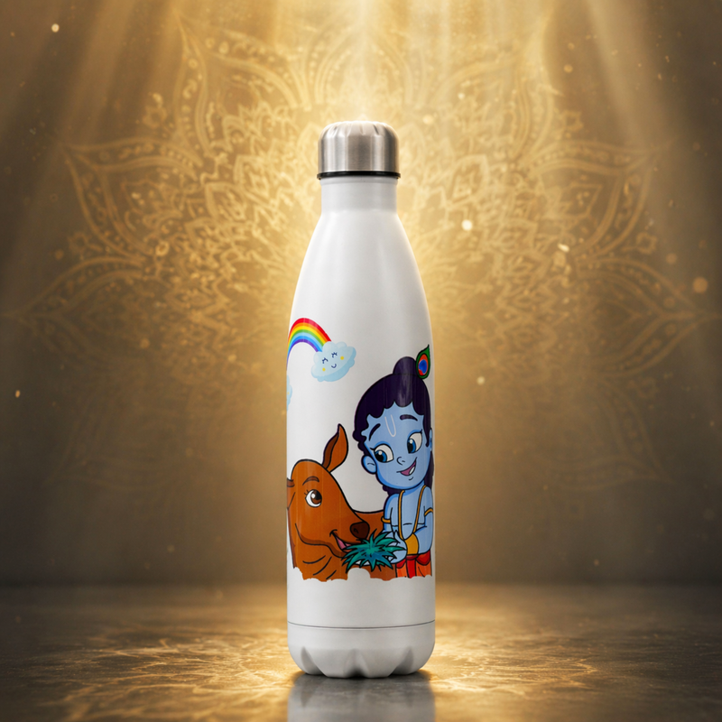 UV Printed Stainless Steel Bottle 1000ml - Krishna Cow (White)