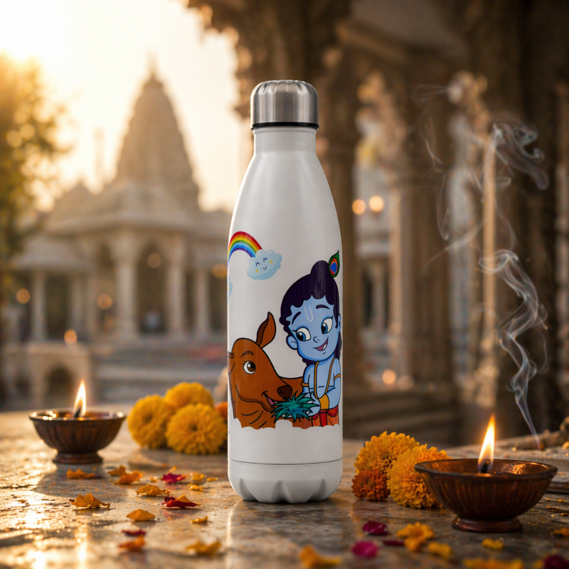 UV Printed Stainless Steel Bottle 1000ml - Krishna Cow (White)