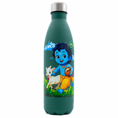 UV Printed Stainless Steel Bottle 1000ml - Child Krishna Cow (Green)