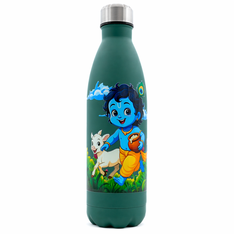 UV Printed Stainless Steel Bottle 1000ml - Child Krishna Cow (Green)