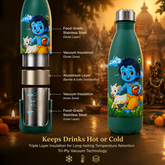 UV Printed Stainless Steel Bottle 1000ml - Child Krishna Cow (Green)