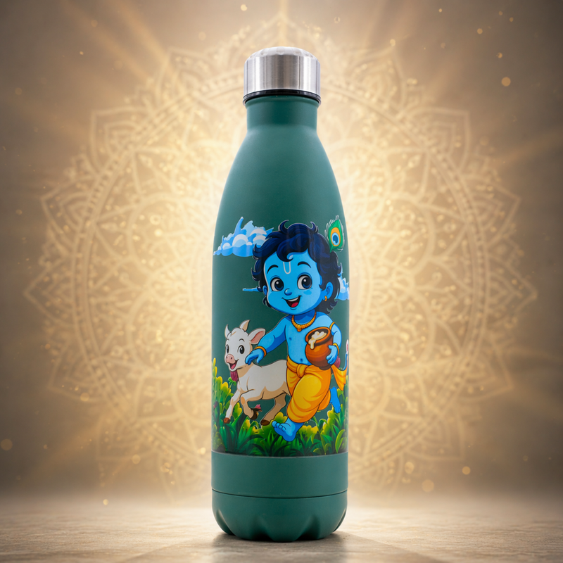 UV Printed Stainless Steel Bottle 1000ml - Child Krishna Cow (Green)