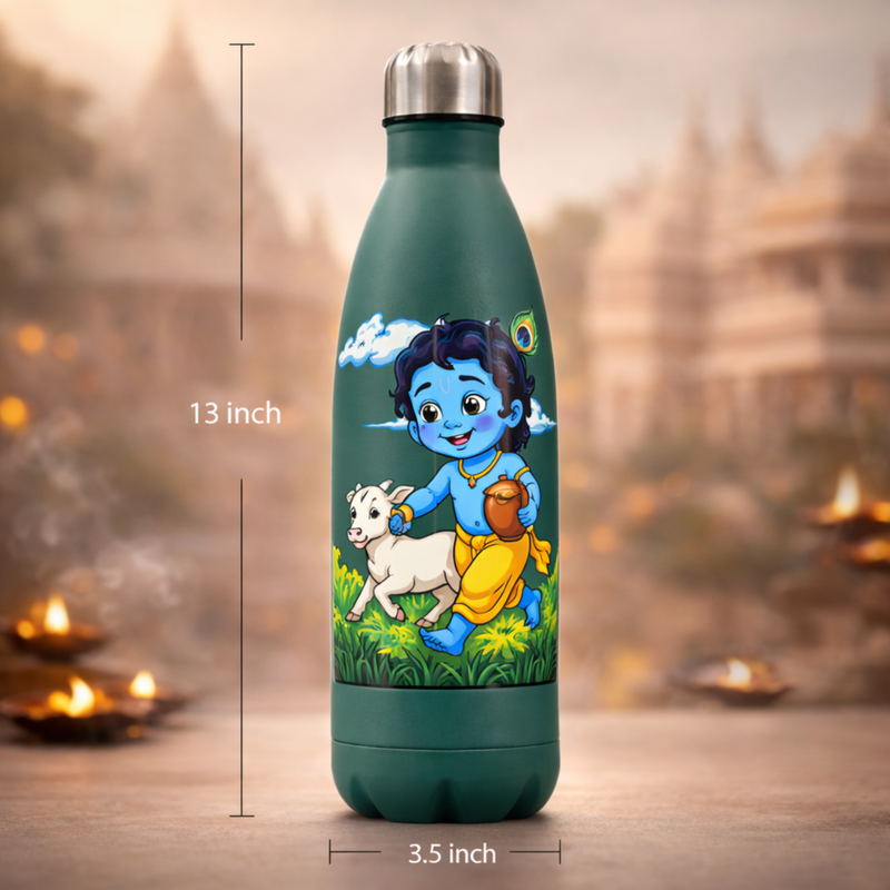 UV Printed Stainless Steel Bottle 1000ml - Child Krishna Cow (Green)