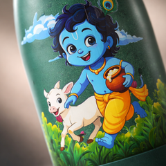 UV Printed Stainless Steel Bottle 1000ml - Child Krishna Cow (Green)