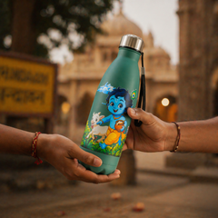 UV Printed Stainless Steel Bottle 1000ml - Child Krishna Cow (Green)