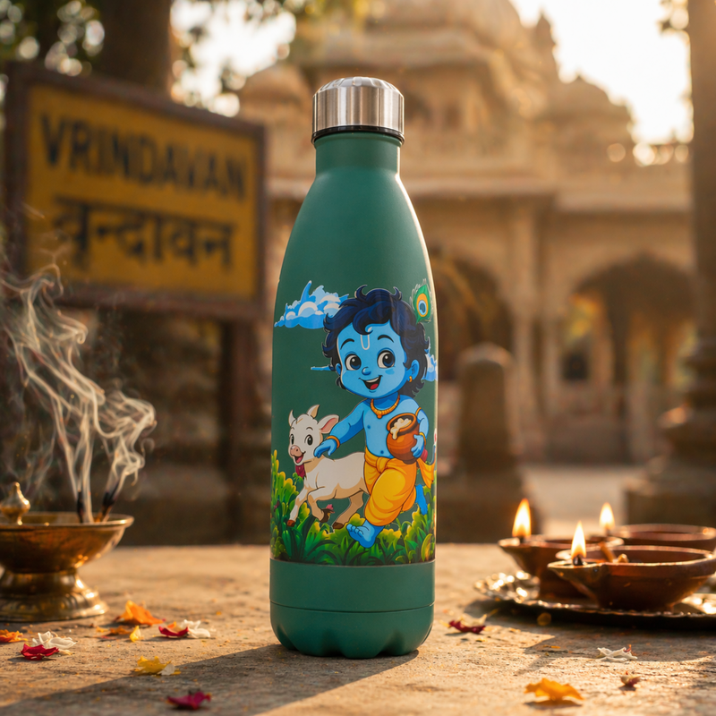UV Printed Stainless Steel Bottle 1000ml - Child Krishna Cow (Green)