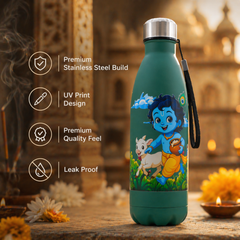 UV Printed Stainless Steel Bottle 1000ml - Child Krishna Cow (Green)