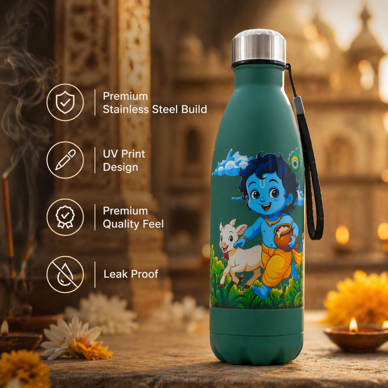 UV Printed Stainless Steel Bottle 1000ml - Child Krishna Cow (Green)