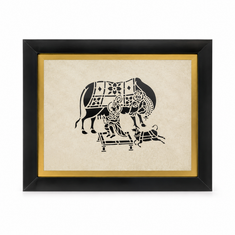 Krishna Milking Cow Sanjhi Art Frame