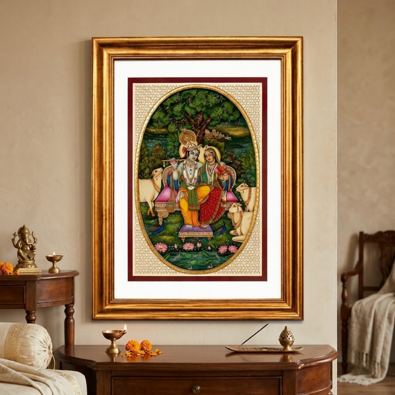 Radha Krishna Synthetic Real Gold Big Miniature Painting