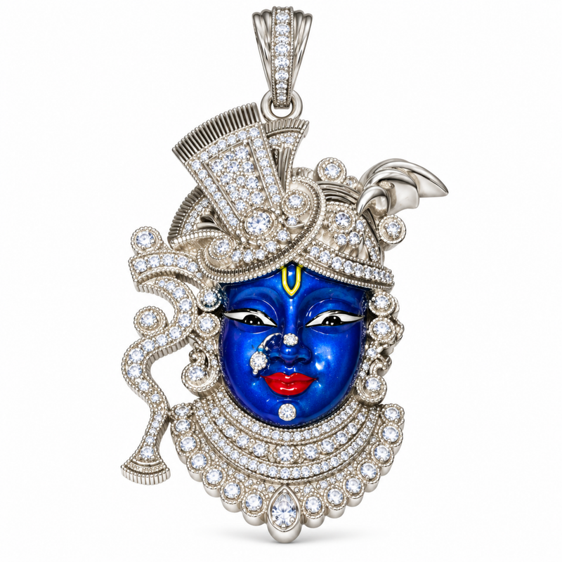 Pure Silver 925 Studded Blue Enamel Shrinath Ji Pendant