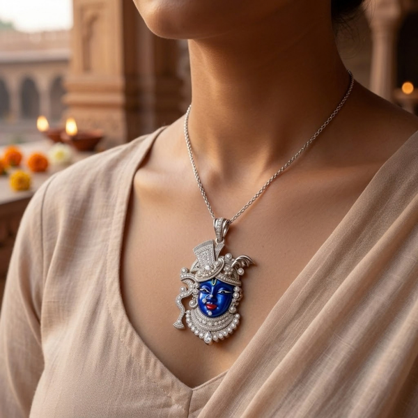 Pure Silver 925 Studded Blue Enamel Shrinath Ji Pendant