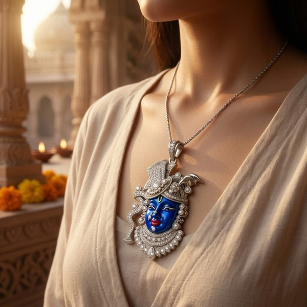 Pure Silver 925 Studded Blue Enamel Shrinath Ji Pendant
