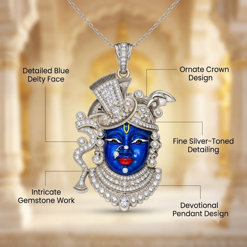 Pure Silver 925 Studded Blue Enamel Shrinath Ji Pendant