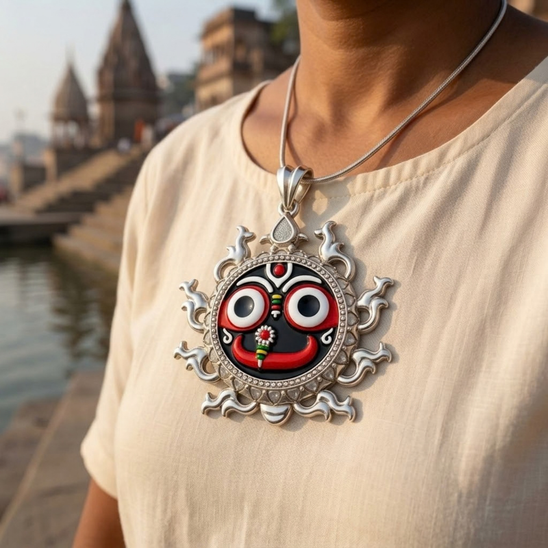 Pure Silver 925 Enameled Lord Jagannath Chakra Pendant