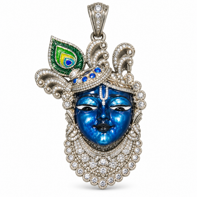 Pure Silver 925 Large Enameled Srinath Ji with Ornate Curved Pagri Pendant