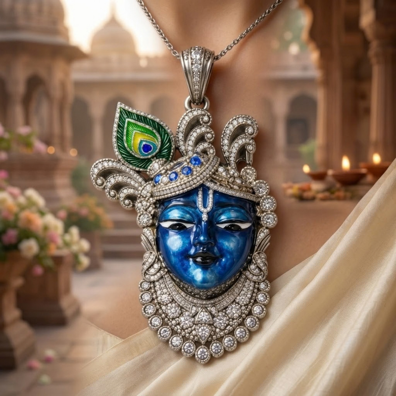 Pure Silver 925 Large Enameled Srinath Ji with Ornate Curved Pagri Pendant
