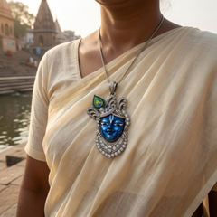 Pure Silver 925 Large Enameled Srinath Ji with Ornate Curved Pagri Pendant