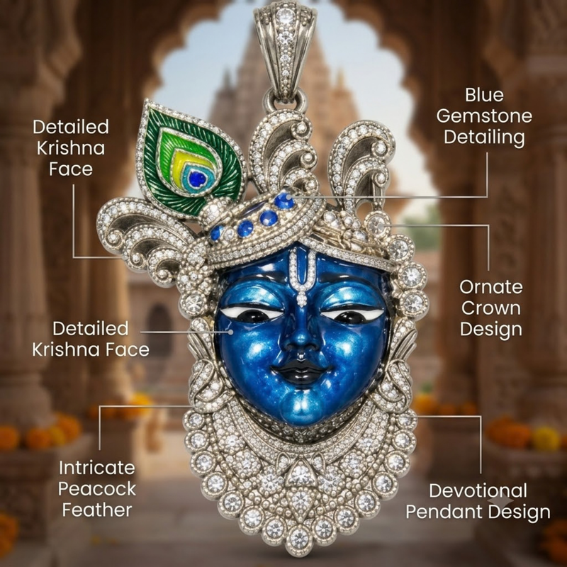Pure Silver 925 Large Enameled Srinath Ji with Ornate Curved Pagri Pendant