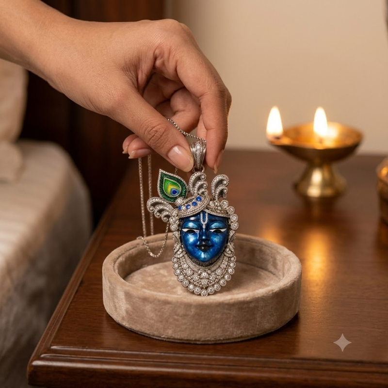 Pure Silver 925 Large Enameled Srinath Ji with Ornate Curved Pagri Pendant