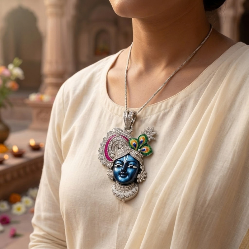 Pure Silver 925 Small Enameled Srinath Ji Pendant