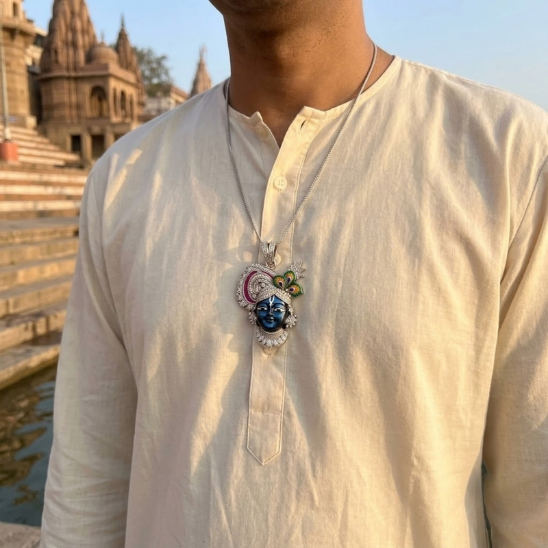 Pure Silver 925 Small Enameled Srinath Ji Pendant
