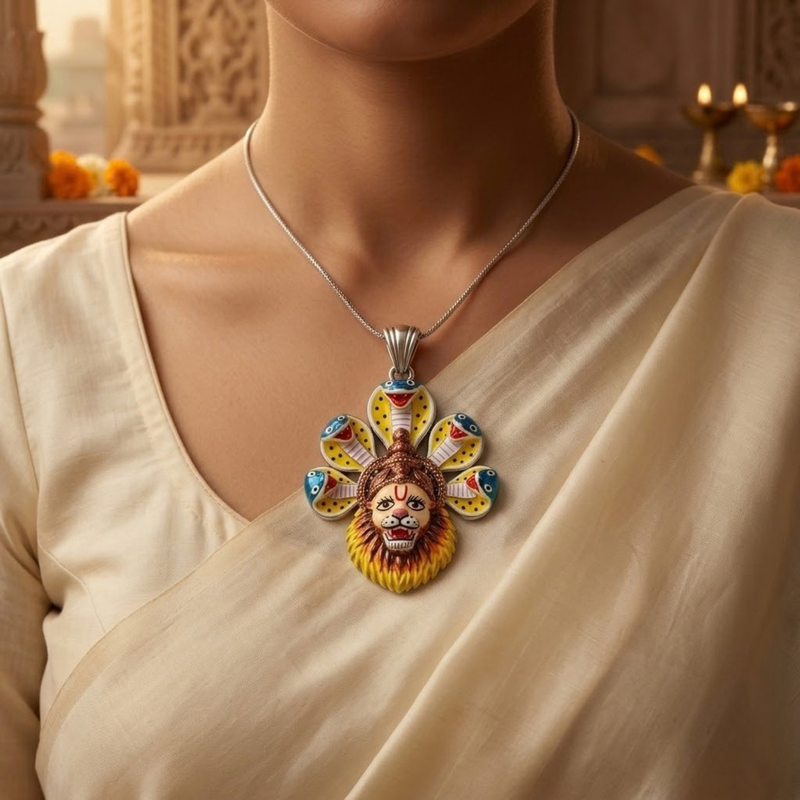 Pure Silver 925 Small Enameled Ananta Narasimha Pendant