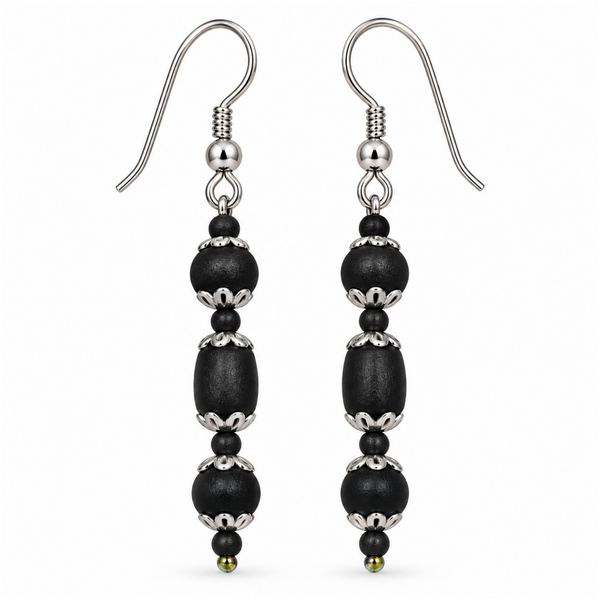 Silver 925 Natural Light Black Pure Tulsi Multi shape Beads Earring Tripal Dana