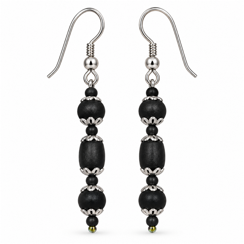 Silver 925 Natural Light Black Pure Tulsi Multi shape Beads Earring Tripal Dana