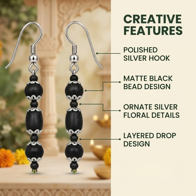 Silver 925 Natural Light Black Pure Tulsi Multi shape Beads Earring Tripal Dana